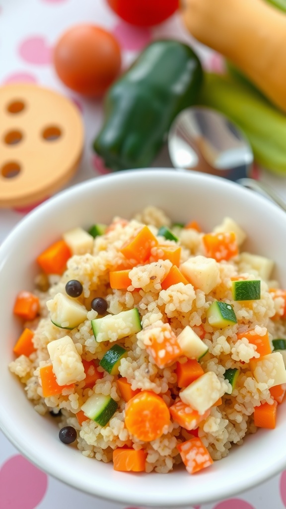 Nutritious quinoa with vegetables in a baby bowl, ready for serving.